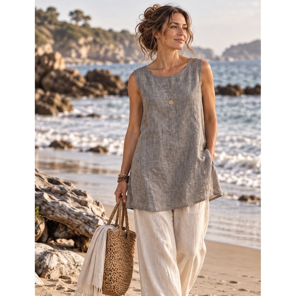 FLAX Grey 100% Linen Tunic Tank Top Sleeveless Lagenlook Minimalist Dress M